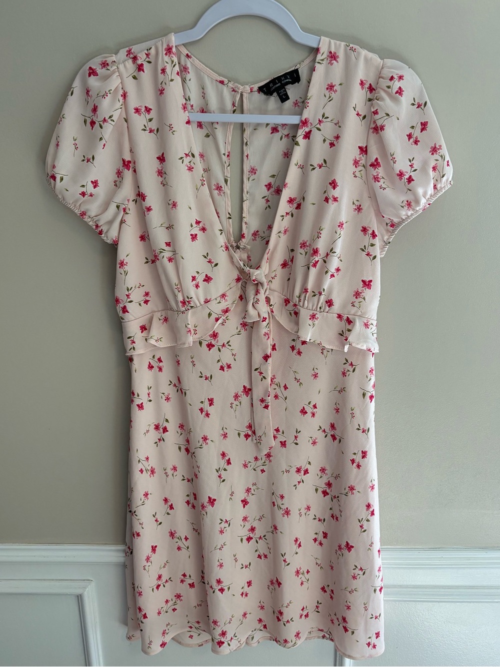 Trixxi cream pink Mini Dress with Pink Floral Tie-Front